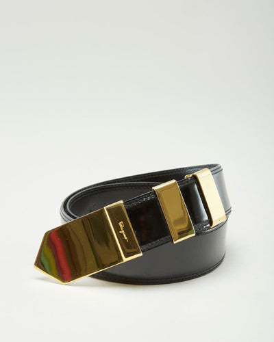 Vintage 90s Salvatore Ferragamo Black Patent Leather Belt With Gold Detail - W26