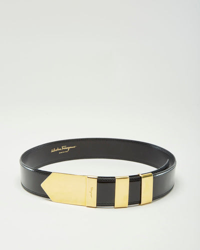 Vintage 90s Salvatore Ferragamo Black Patent Leather Belt With Gold Detail - W26