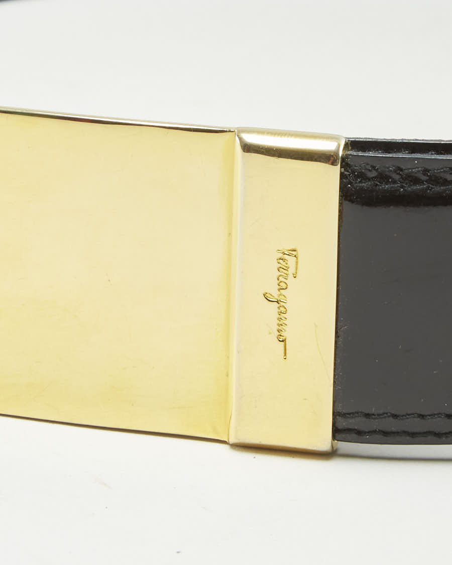 Vintage 90s Salvatore Ferragamo Black Patent Leather Belt With Gold Detail - W26