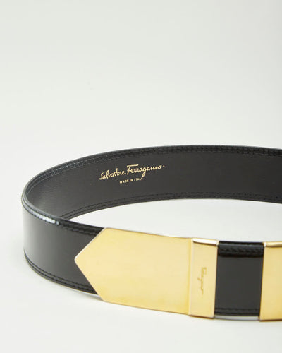 Vintage 90s Salvatore Ferragamo Black Patent Leather Belt With Gold Detail - W26