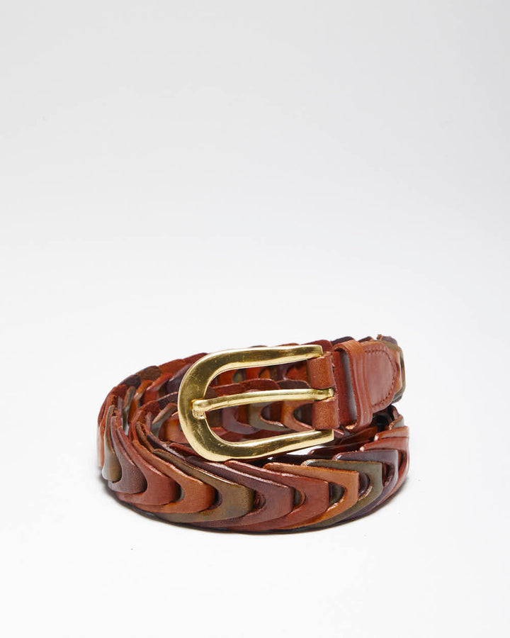 Vintage Y2K Western Style Woven Brown Leather Belt - OS