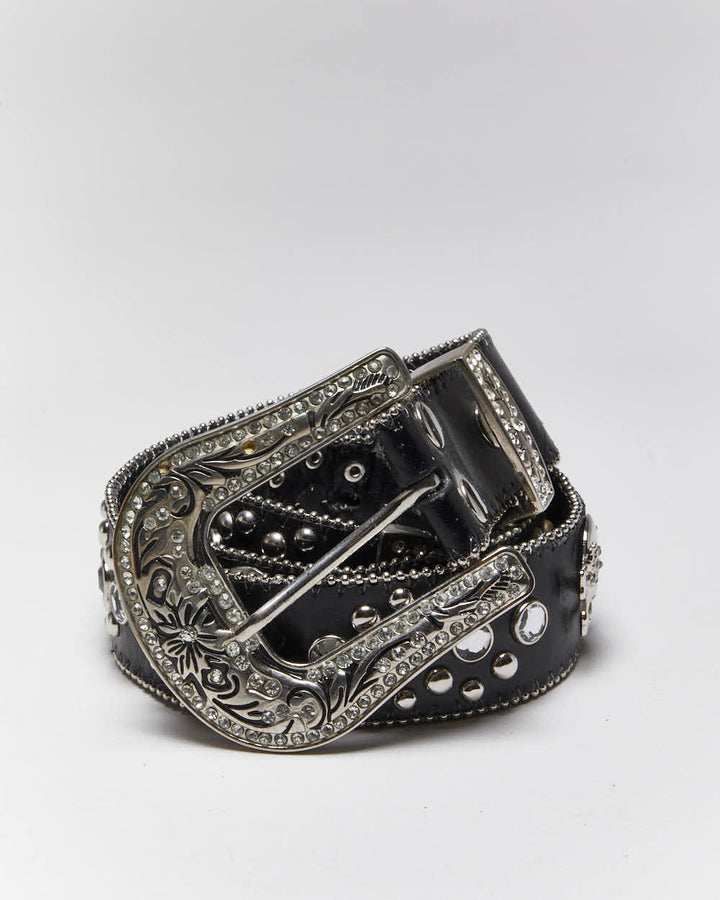 Vintage Y2k 00s Skull And Cross Bones Rhinestone Belt - W30-W34