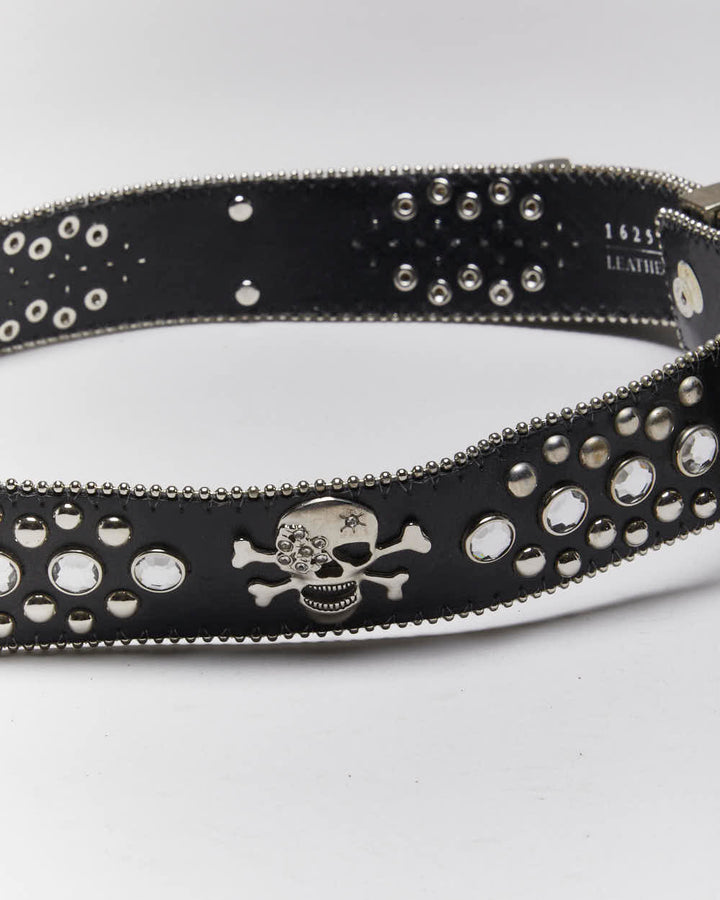 Vintage Y2k 00s Skull And Cross Bones Rhinestone Belt - W30-W34