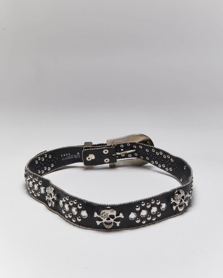 Vintage Y2k 00s Skull And Cross Bones Rhinestone Belt - W30-W34