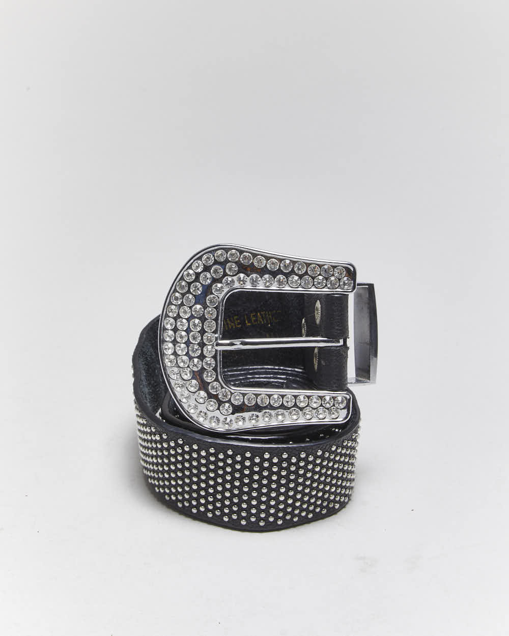 Vintage Y2k 00s Studded Rhinestone Leather Belt - W36-40