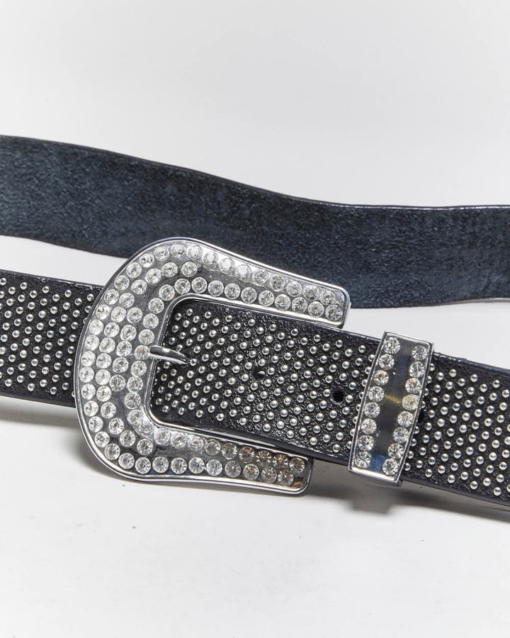 Vintage Y2k 00s Studded Rhinestone Leather Belt - W36-40