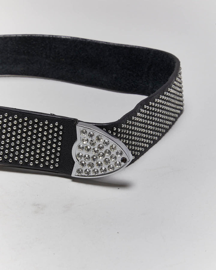 Vintage Y2k 00s Studded Rhinestone Leather Belt - W36-40
