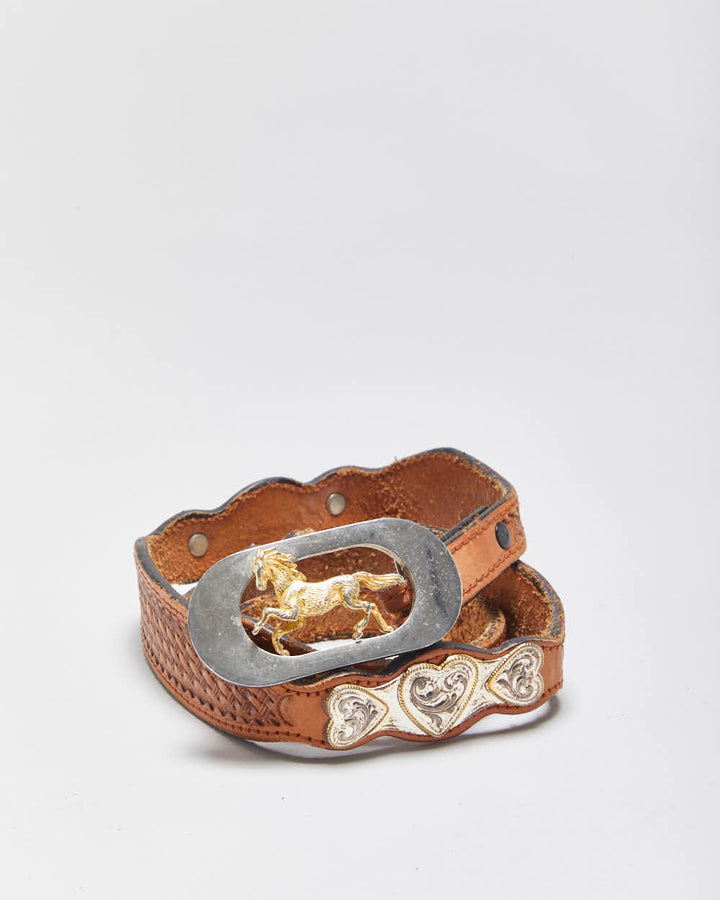 Vintage 1990s Western Tooled Leather Horse Buckle Belt - W27-W32