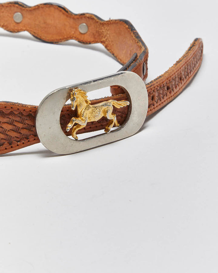 Vintage 1990s Western Tooled Leather Horse Buckle Belt - W27-W32