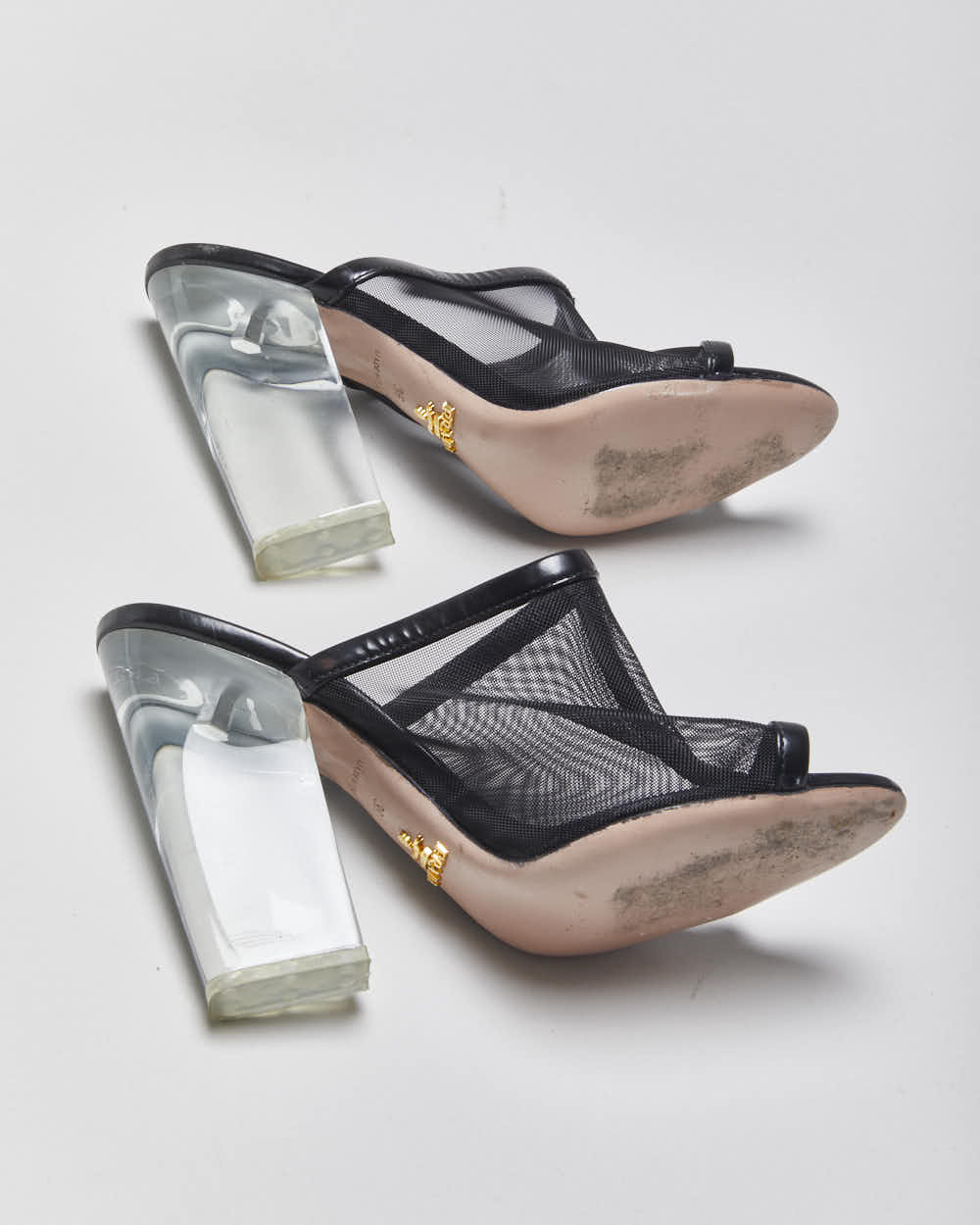 Vintage Prada Mesh Slip On Lucite Heeled Mules - UK3
