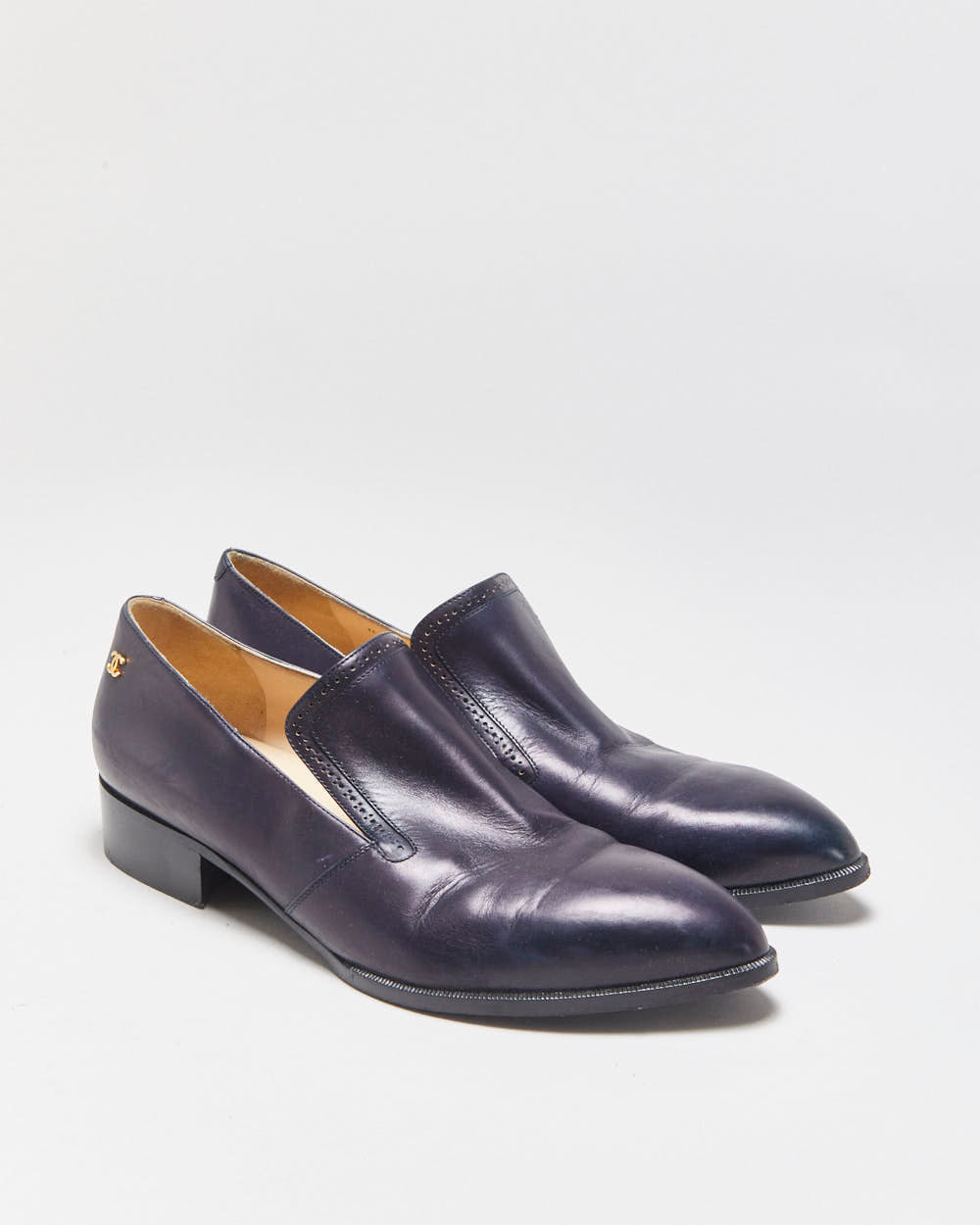 Chanel Navy Leather Pointed Toe Heeled Loafers - UK7