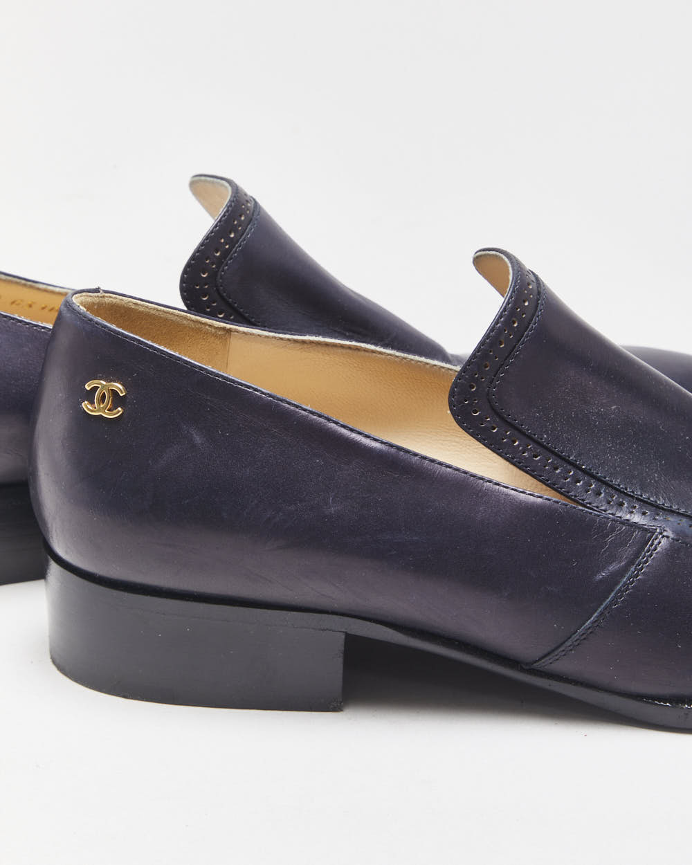 Chanel Navy Leather Pointed Toe Heeled Loafers - UK7