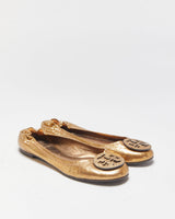 Tory Burch Riva Metallic Gold Leather Ballet Flats - UK4