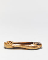 Tory Burch Riva Metallic Gold Leather Ballet Flats - UK4