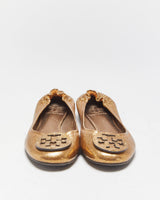 Tory Burch Riva Metallic Gold Leather Ballet Flats - UK4