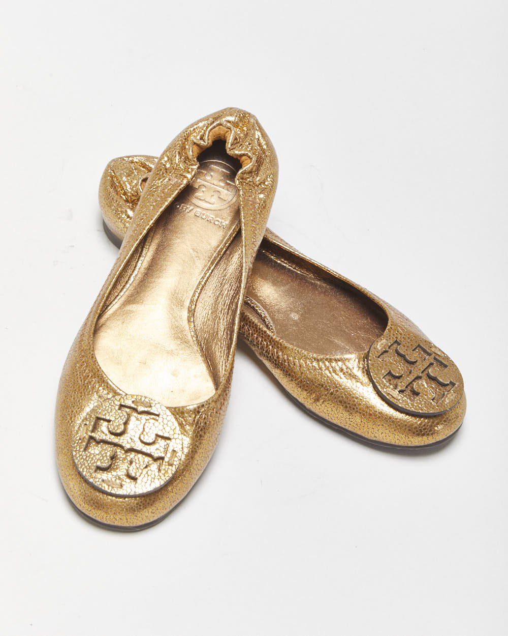 Tory Burch Riva Metallic Gold Leather Ballet Flats - UK4