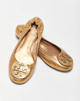 Tory Burch Riva Metallic Gold Leather Ballet Flats - UK4