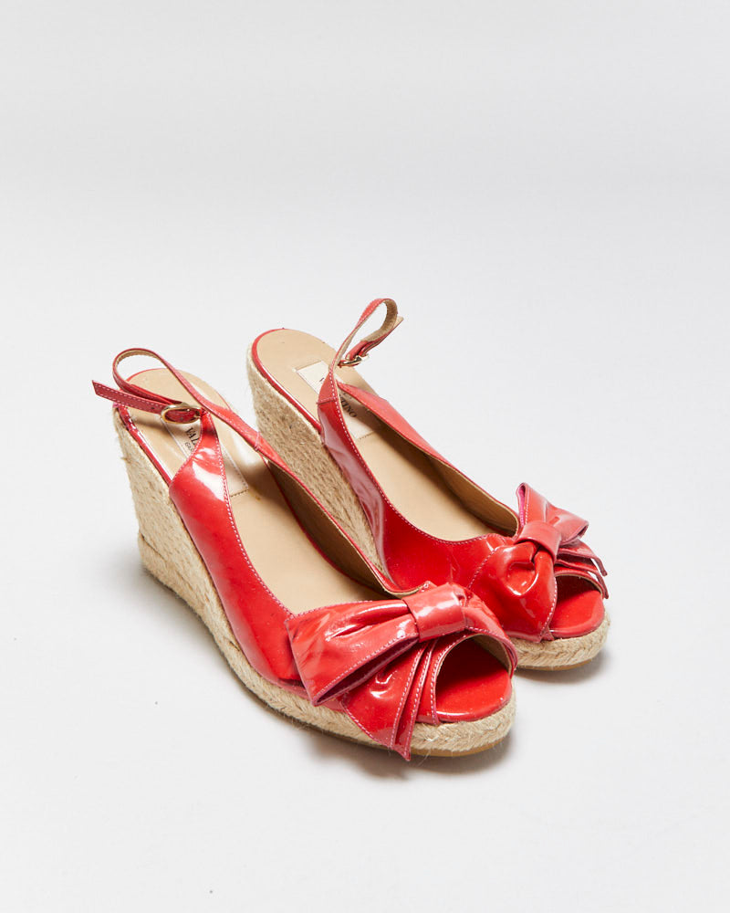 Vintage Y2K 00s Valentino Garavani mena Bow Peep Toe Patent Espadrille Wedges - UK5