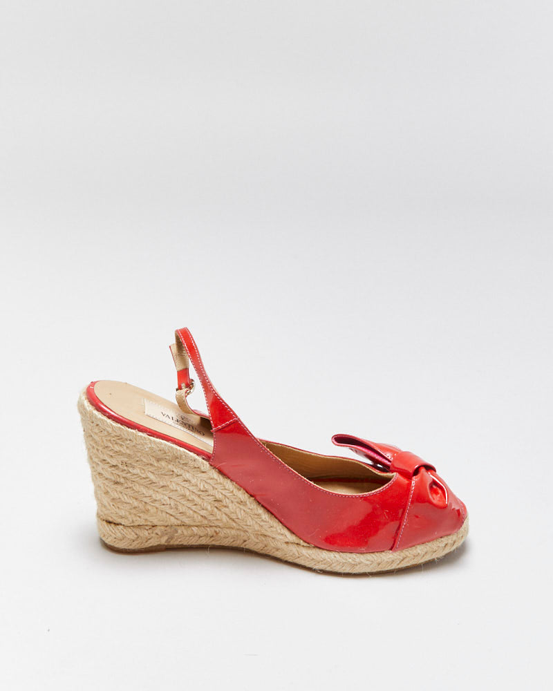 Vintage Y2K 00s Valentino Garavani mena Bow Peep Toe Patent Espadrille Wedges - UK5
