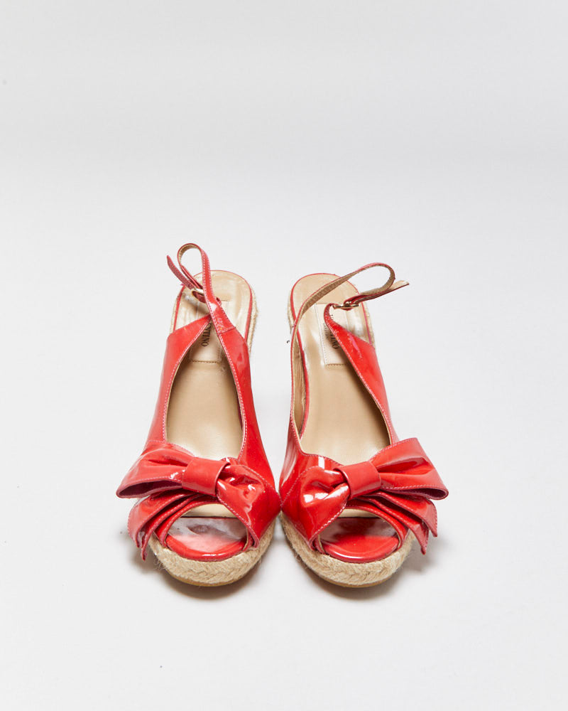 Vintage Y2K 00s Valentino Garavani mena Bow Peep Toe Patent Espadrille Wedges - UK5