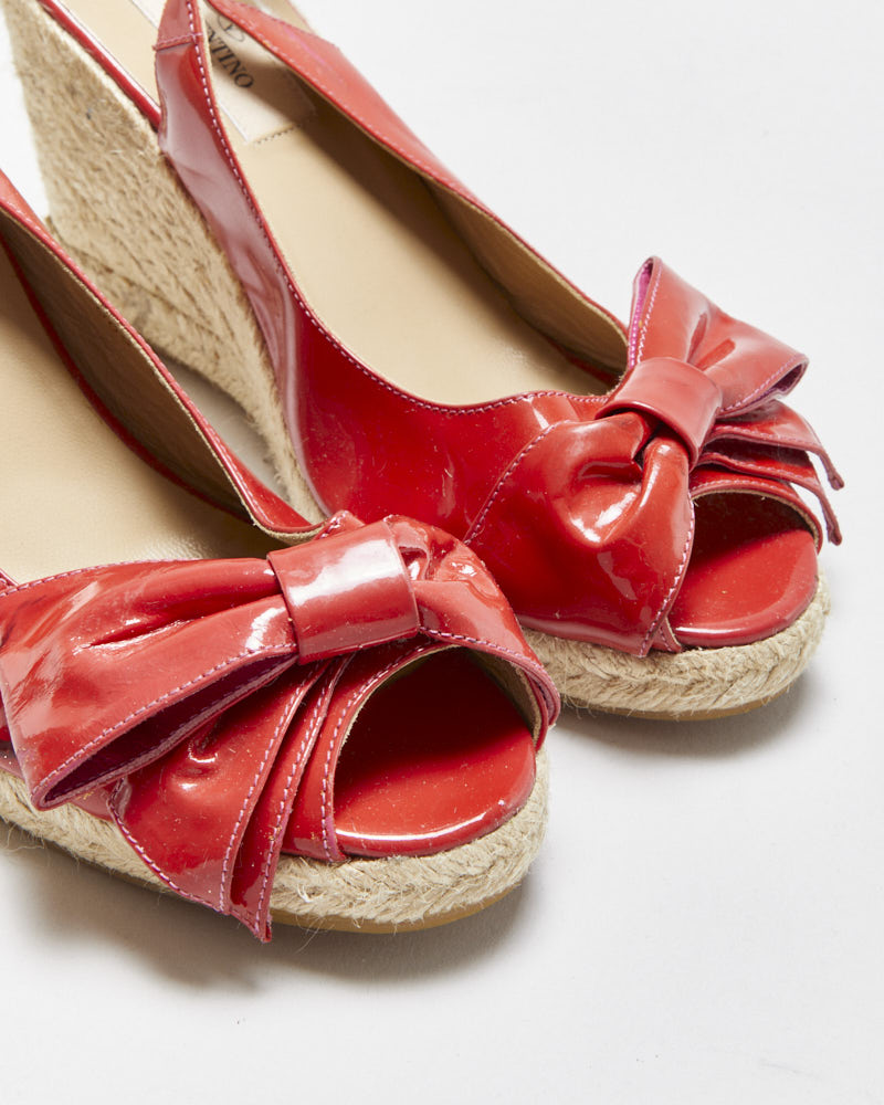 Vintage Y2K 00s Valentino Garavani mena Bow Peep Toe Patent Espadrille Wedges - UK5