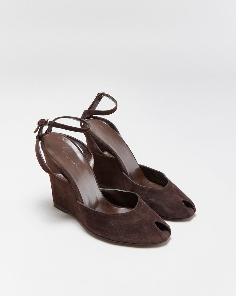 Vintage Balenciaga Suede Peep Toe Wedge Heels - UK4.5