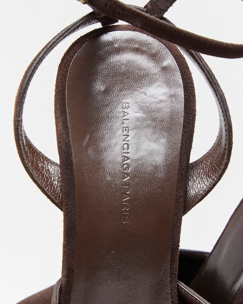 Vintage Balenciaga Suede Peep Toe Wedge Heels - UK4.5