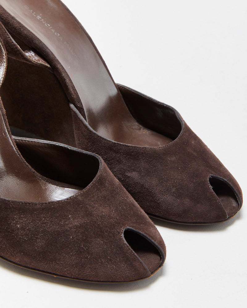 Vintage Balenciaga Suede Peep Toe Wedge Heels - UK4.5