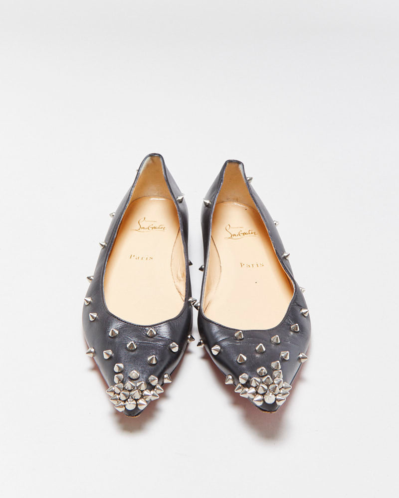 Christian Louboutin Leather Degra Spike Pointed Toe Ballet Flats - UK5
