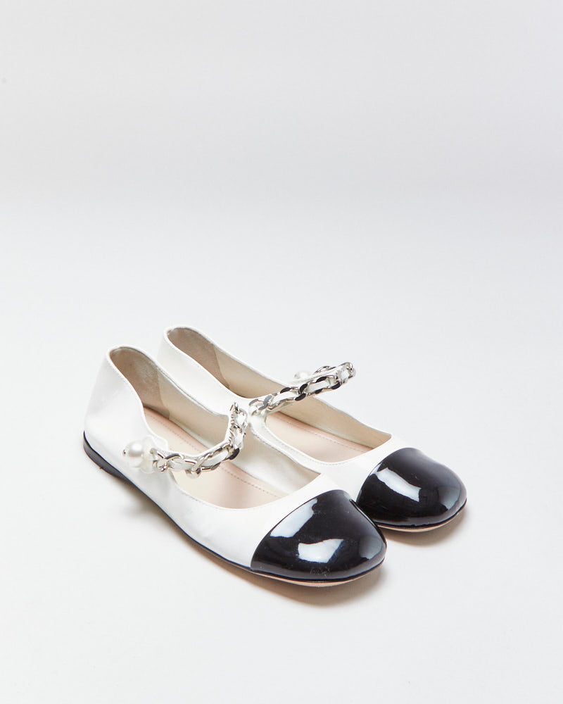 Miu Miu Pearl Chain Strap Patent Leather Mary Jane Ballet Flats - UK3