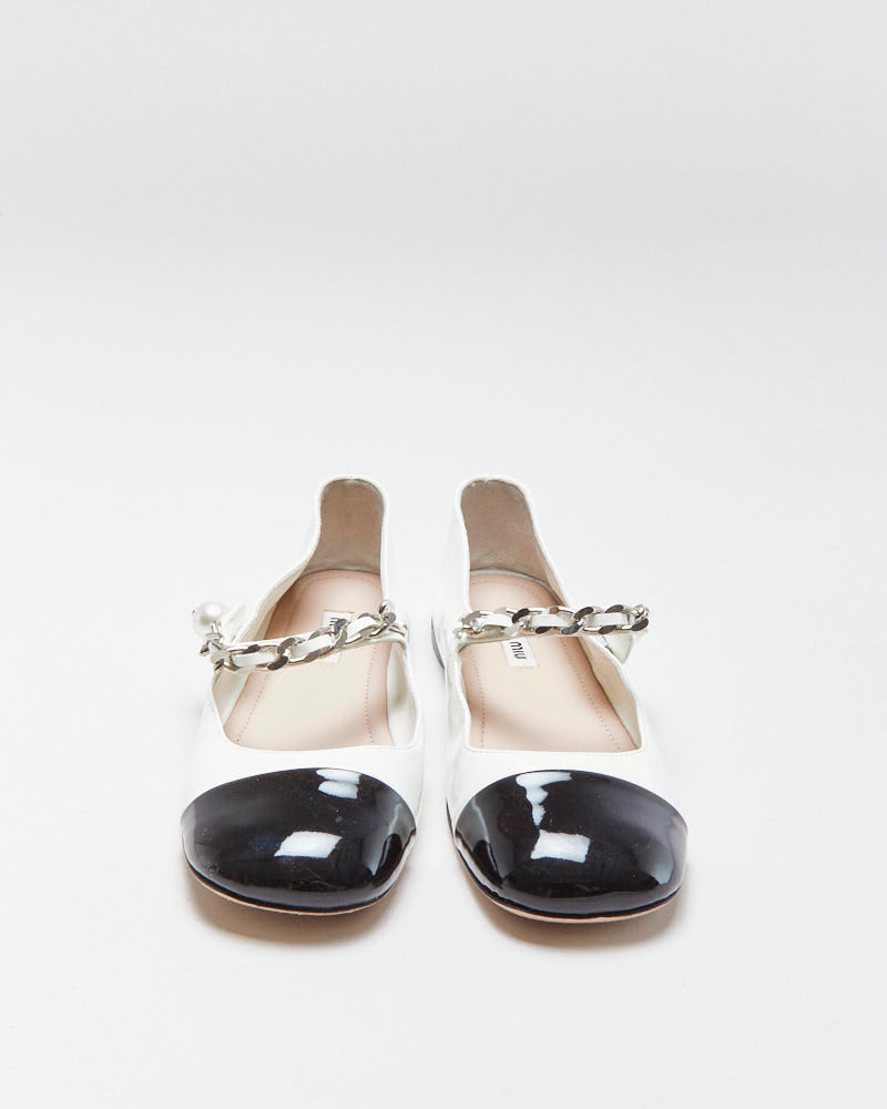 Miu Miu Pearl Chain Strap Patent Leather Mary Jane Ballet Flats - UK3