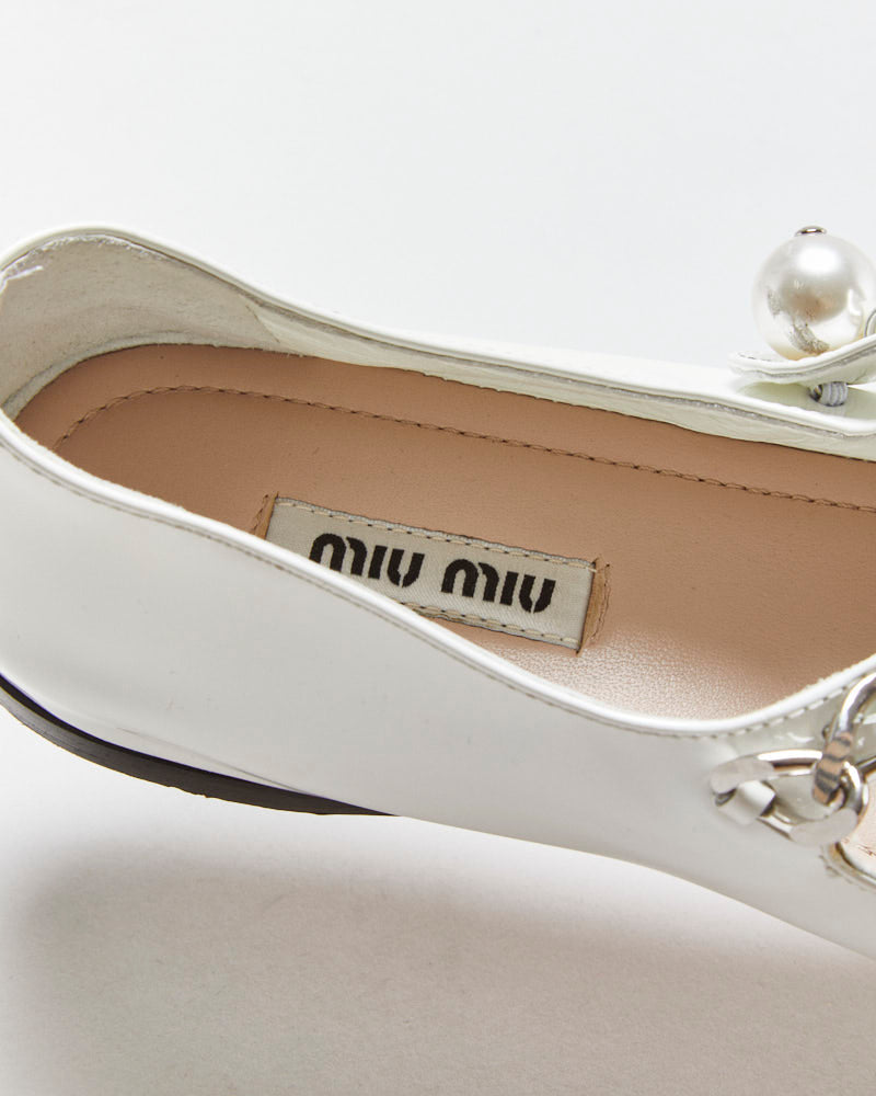 Miu Miu Pearl Chain Strap Patent Leather Mary Jane Ballet Flats - UK3