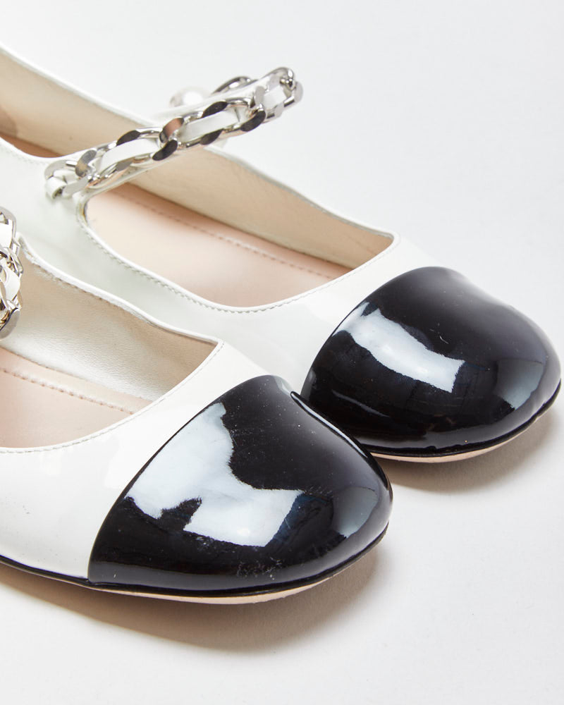 Miu Miu Pearl Chain Strap Patent Leather Mary Jane Ballet Flats - UK3