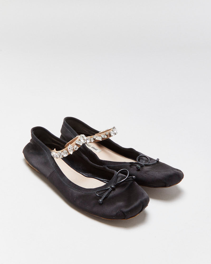 Miu Miu Satin Rhinestone Strap Mary Jane Ballet Flats - UK5