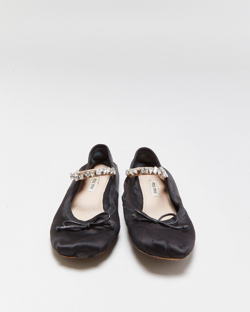 Miu Miu Satin Rhinestone Strap Mary Jane Ballet Flats - UK5