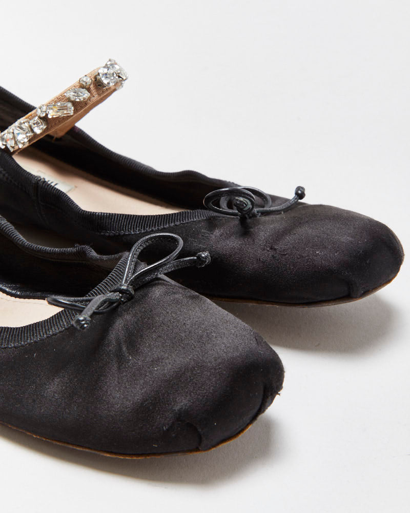 Miu Miu Satin Rhinestone Strap Mary Jane Ballet Flats - UK5
