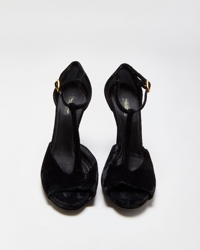 Vintage Dolce &amp; Gabbana Velvet T Bar Peep Toe Heels - UK5.5