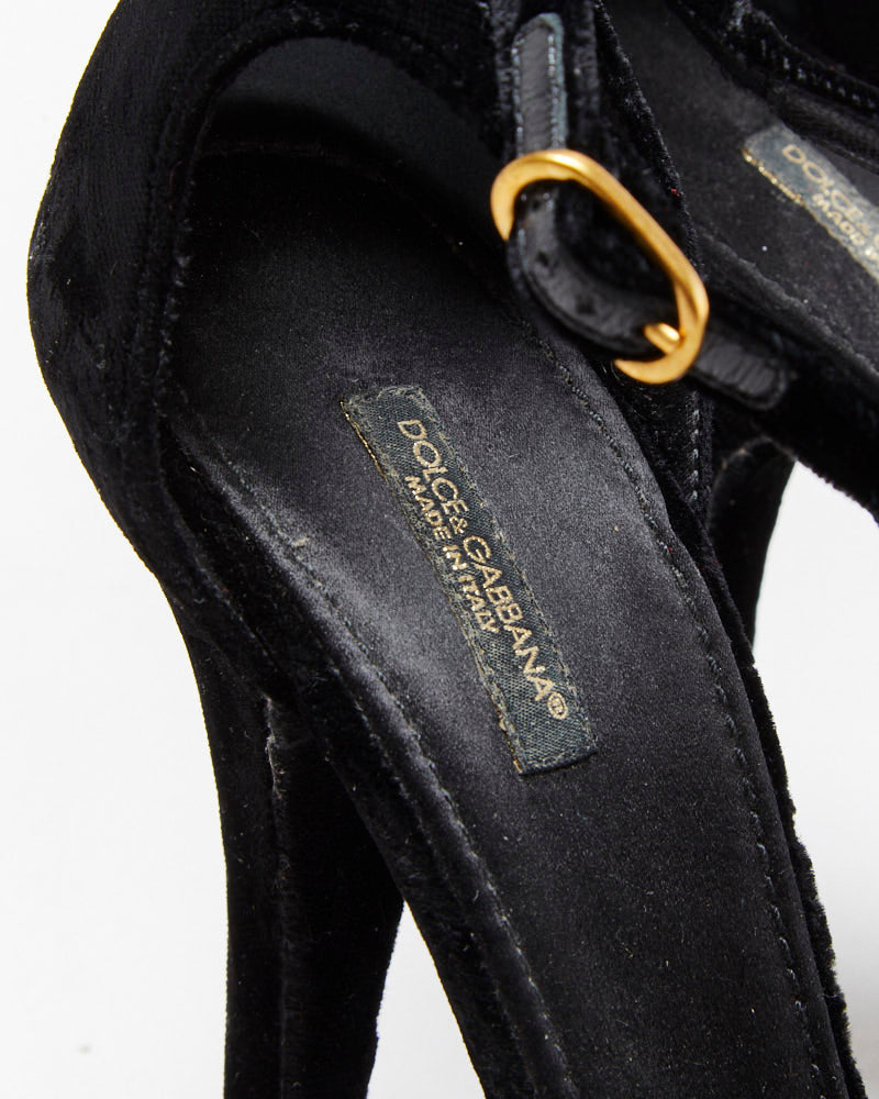 Vintage Dolce &amp; Gabbana Velvet T Bar Peep Toe Heels - UK5.5