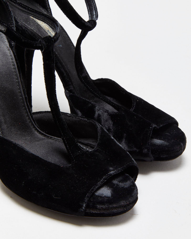 Vintage Dolce &amp; Gabbana Velvet T Bar Peep Toe Heels - UK5.5