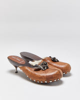 Vintage Miu Miu Leather Metal Rose Shearling Lined Clog Mules - UK3.5