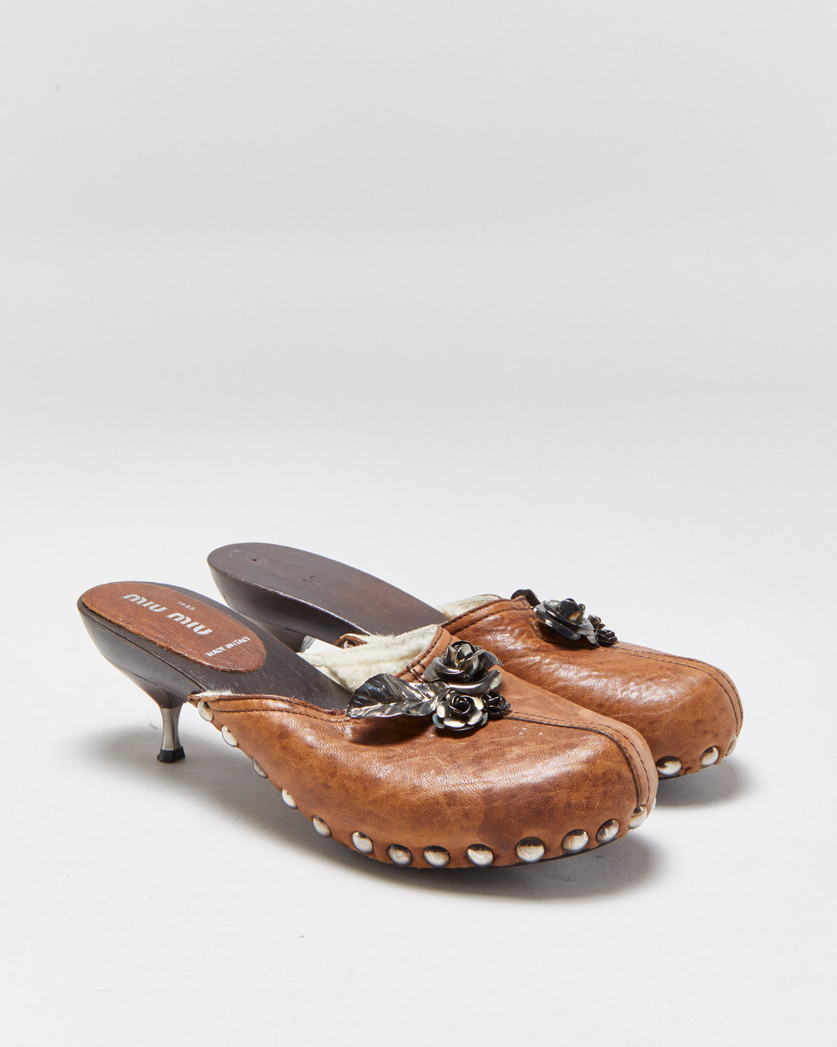 Vintage Miu Miu Leather Metal Rose Shearling Lined Clog Mules - UK3.5