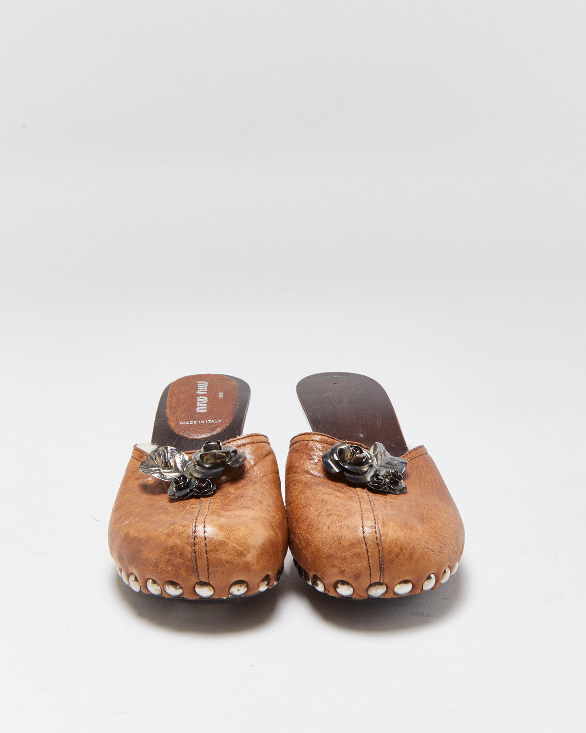 Vintage Miu Miu Leather Metal Rose Shearling Lined Clog Mules - UK3.5