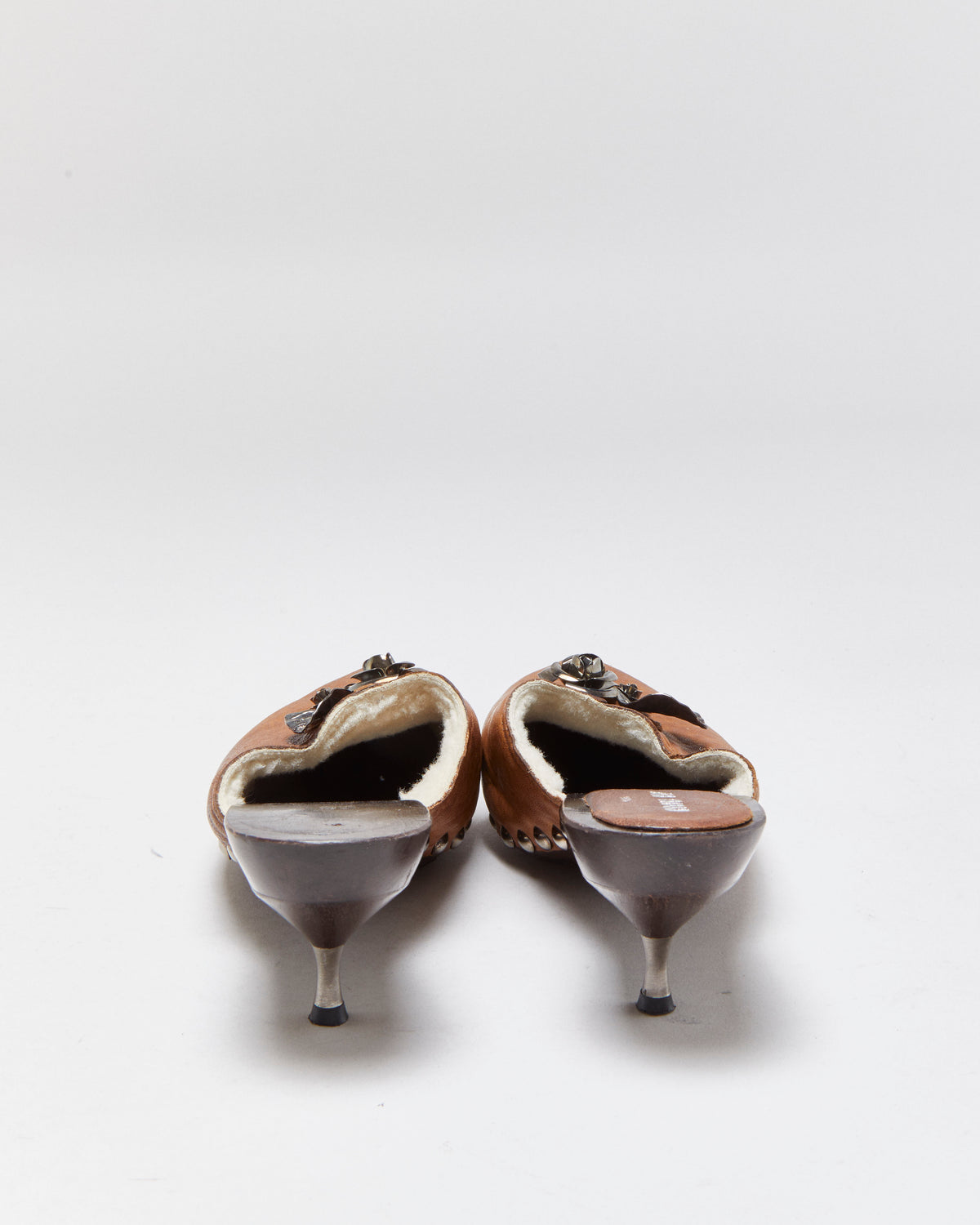 Vintage Miu Miu Leather Metal Rose Shearling Lined Clog Mules - UK3.5