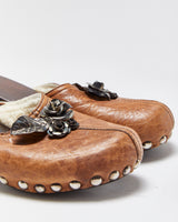 Vintage Miu Miu Leather Metal Rose Shearling Lined Clog Mules - UK3.5