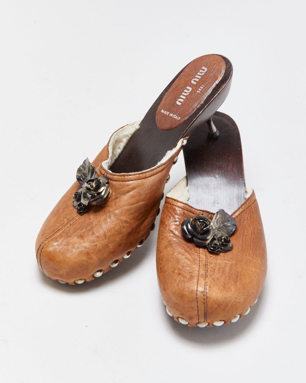 Vintage Miu Miu Leather Metal Rose Shearling Lined Clog Mules - UK3.5