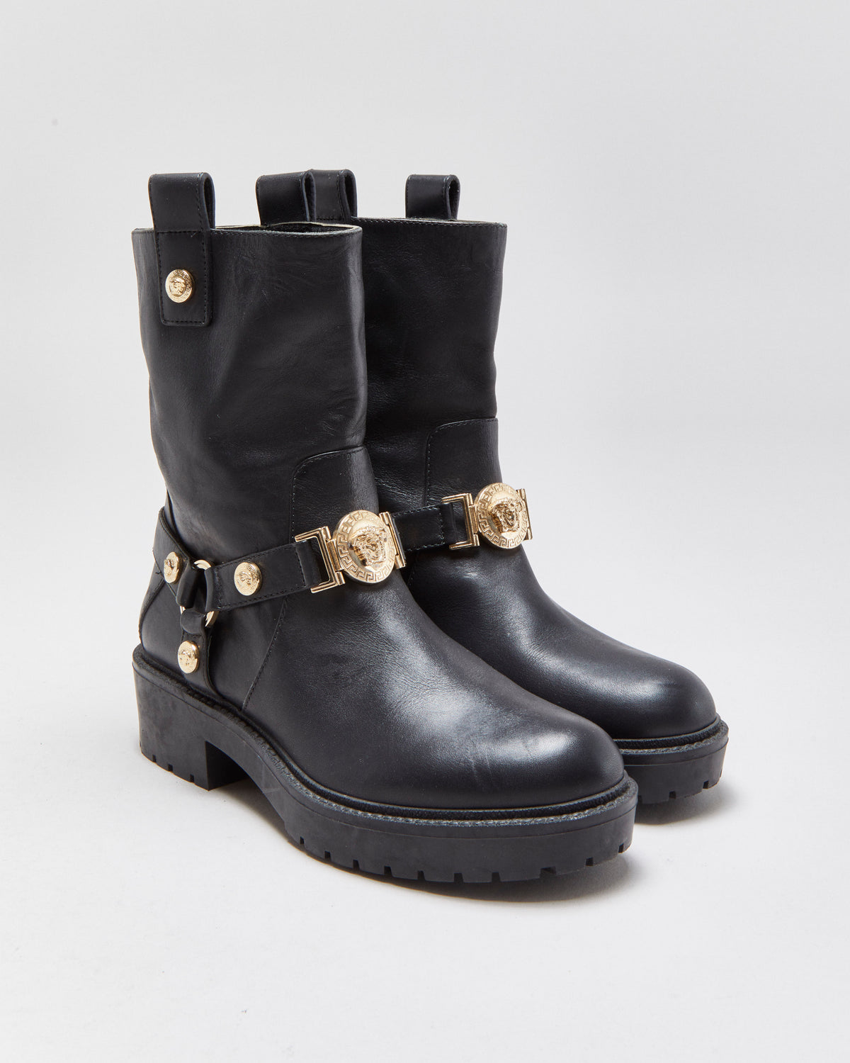 Versace Medusa Buckle Leather Biker Boots - UK4