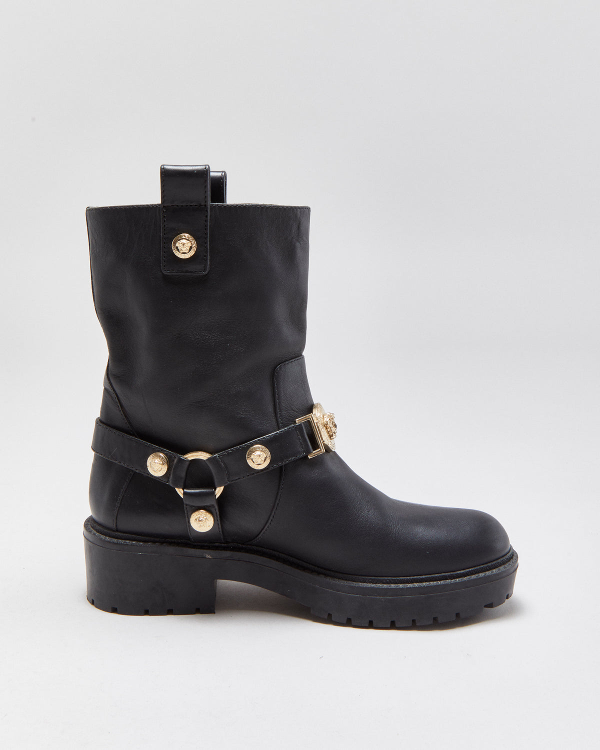Versace Medusa Buckle Leather Biker Boots - UK4
