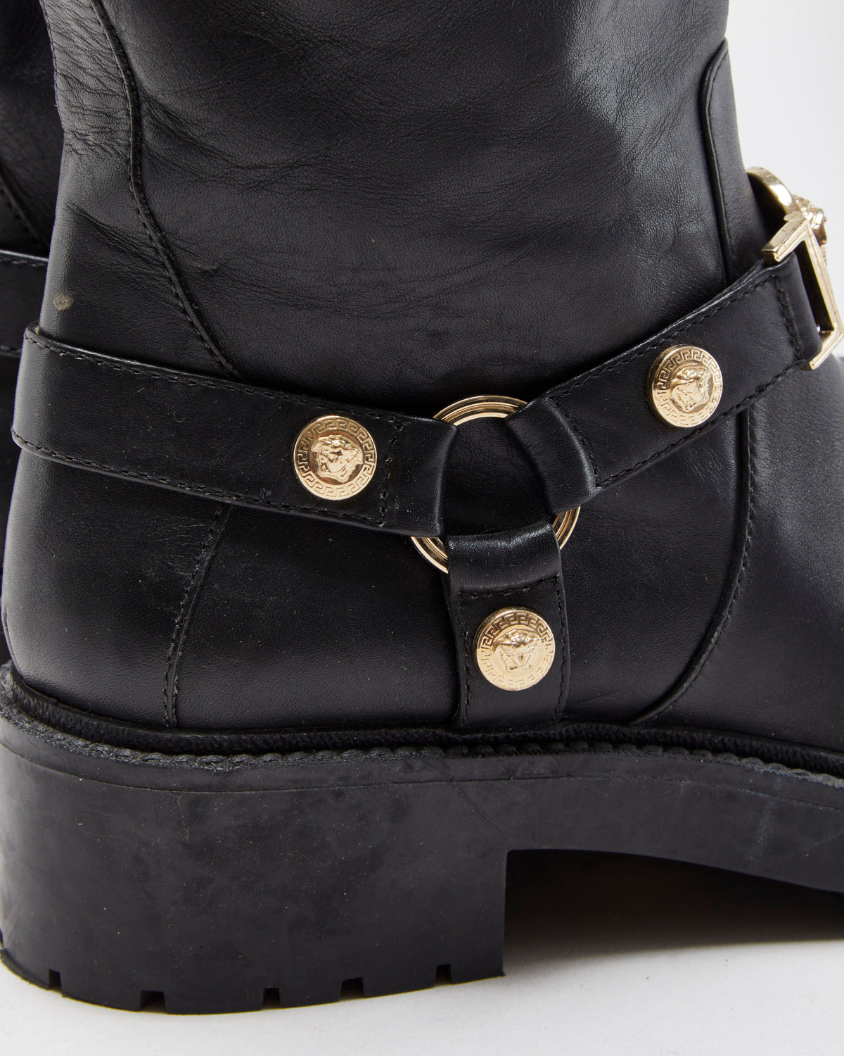 Versace Medusa Buckle Leather Biker Boots - UK4