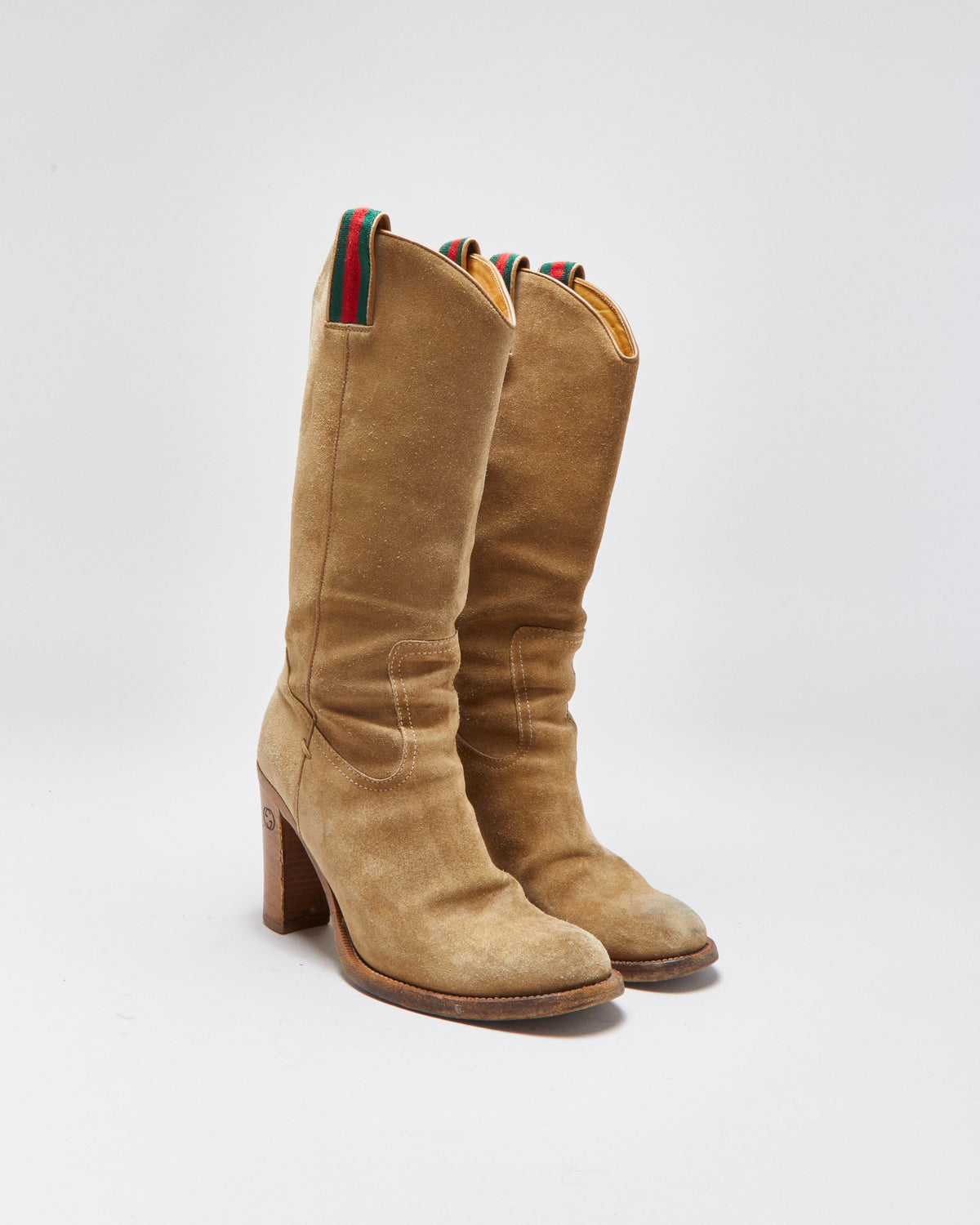 Vintage Y2K 00s Gucci Women's Tan Suede Mid Calf Block Heel Western Boots - UK5.5