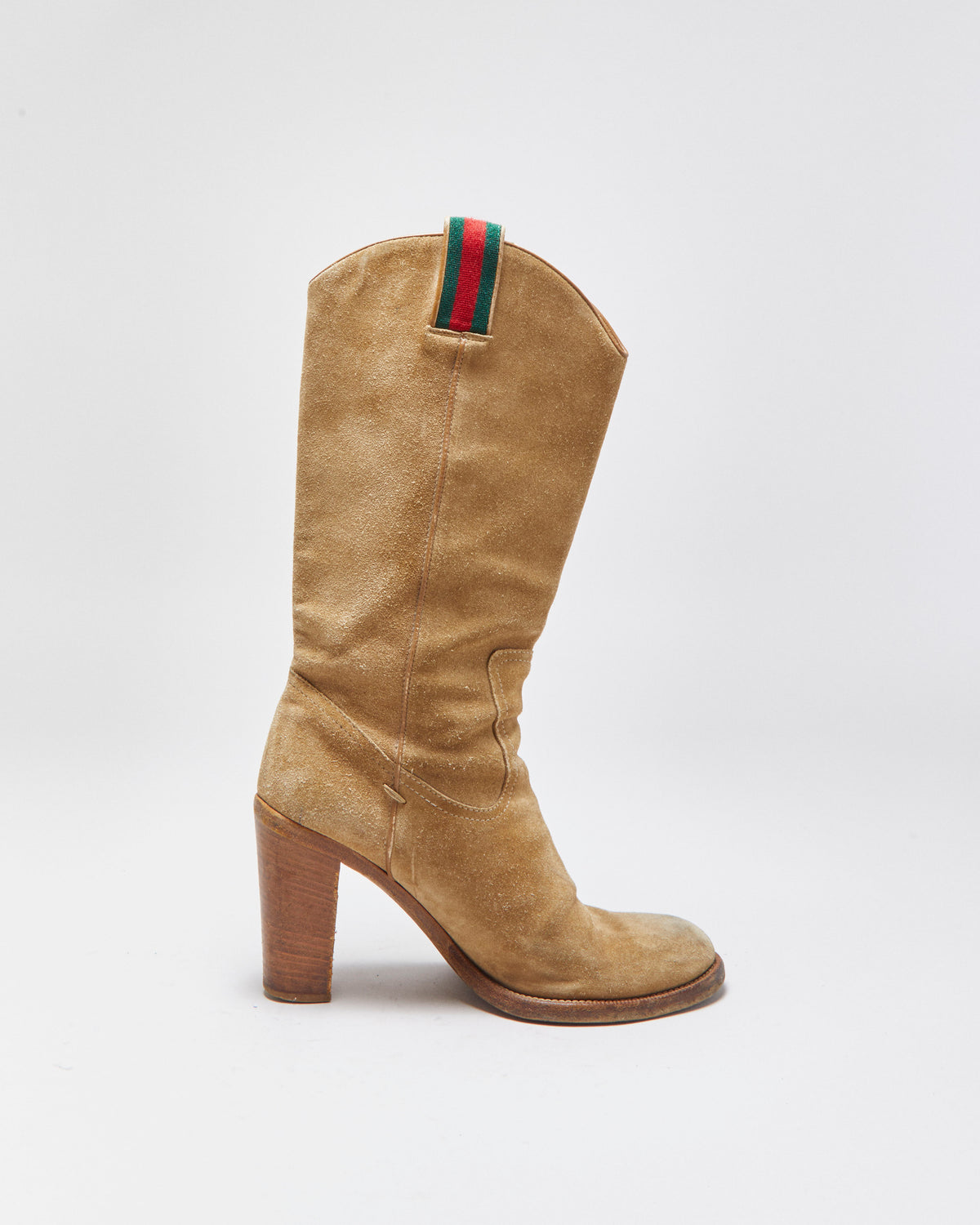 Vintage Y2K 00s Gucci Women's Tan Suede Mid Calf Block Heel Western Boots - UK5.5